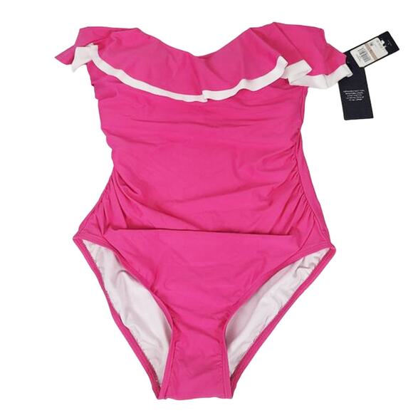 Tommy Hilfiger Pink Double Ruffle Bandeau One Piece Swimsuit NWT 8 - Picture 2 of 3